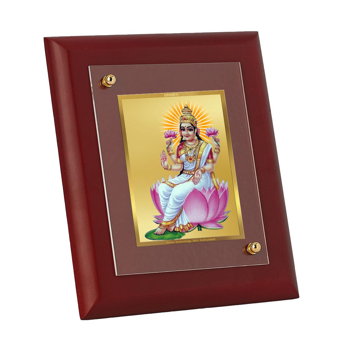 DIVINITI 24K Gold Plated Foil Goddess Ashwarya Lakshmi Wooden Photo Frame Idol for Home Decor, Wall Hanging, Table Top, Puja Room, Gift | MDF Size 1 (16.7x14.2 CM)