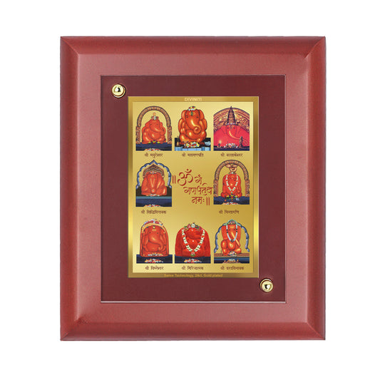 DIVINITI 24K Gold Plated Foil Ashtha Ganesha Wooden Photo Frame Idol for Home & Office Wall Decor, Table Top, Puja Room, Gift | MDF Size 1 (16.7x14.2 CM)