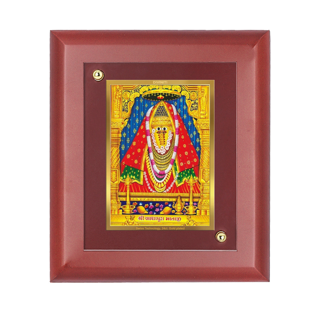 DIVINITI 24K Gold Plated Foil Ashapura Mata Wooden Elegant Photo Frame Idol for Home Wall Decor, Table Top, Puja Room, Luxury Gift | MDF Size 1 (16.7x14.2 CM)