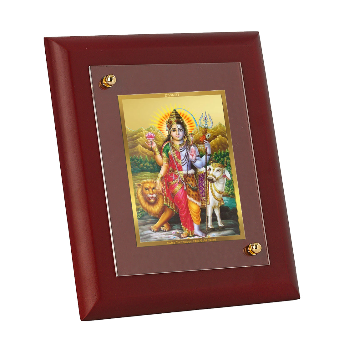 DIVINITI 24K Gold Plated Foil Ardhnarishwar Wooden Wall Photo Frame Idol for Home & Office Decor, Table Top, Workshop, Luxury Gift | MDF Size 1 (16.7x14.2 CM)