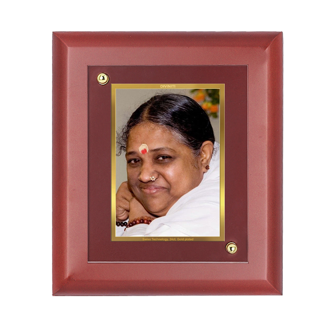 DIVINITI 24K Gold Plated Foil Amritanandamayi Mata Photo Frame Idol for Home Wall Decor, Table Top, Puja Room, Luxury Gift|MDF Size 1 (16.7x14.2 CM)