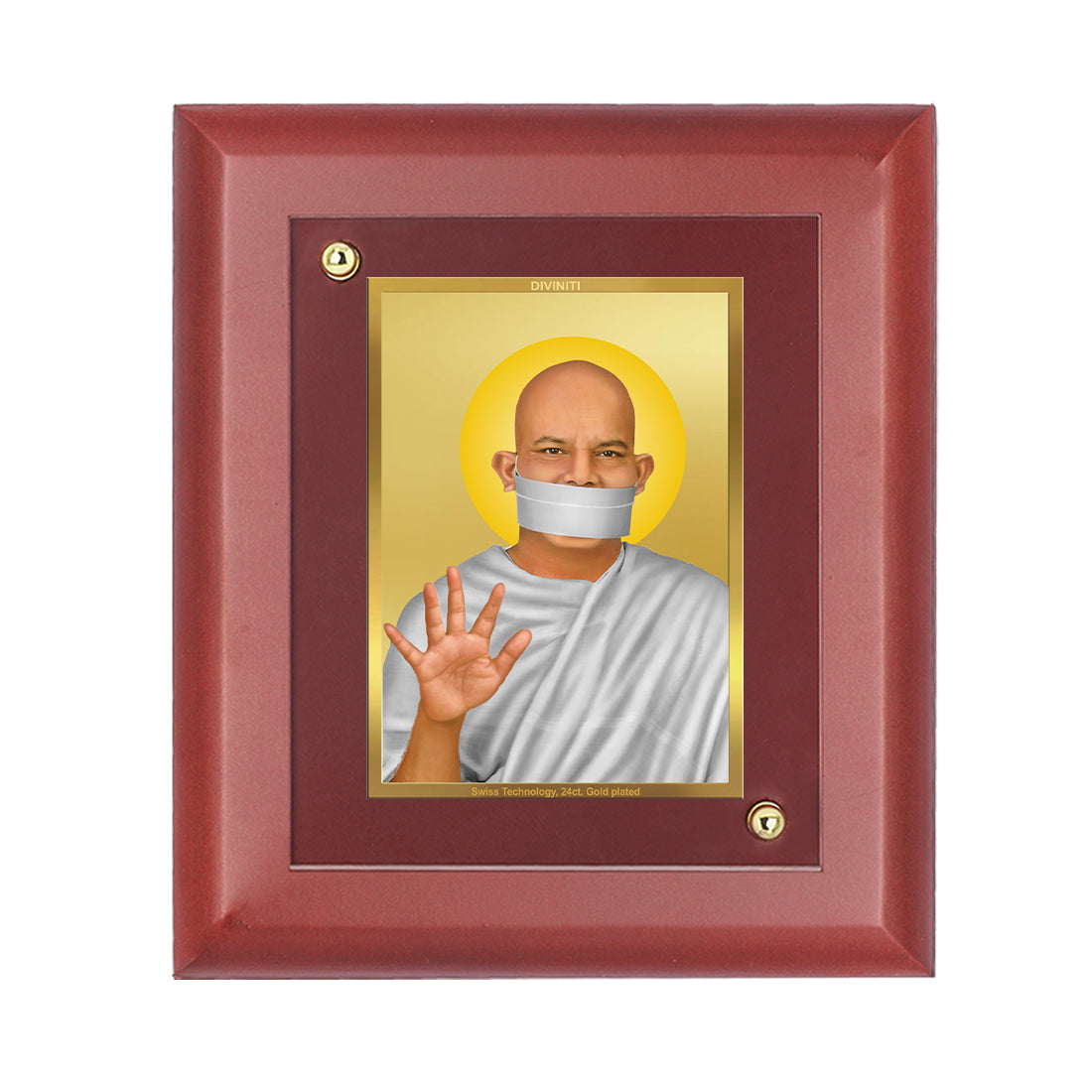 DIVINITI 24K Gold Plated Foil Acharya Shri Mahashraman Ji Wooden Photo Frame Idol for Home Decor, Wall Hanging, Table Top, Luxury Gift | MDF Size 1 (16.7x14.2 CM)