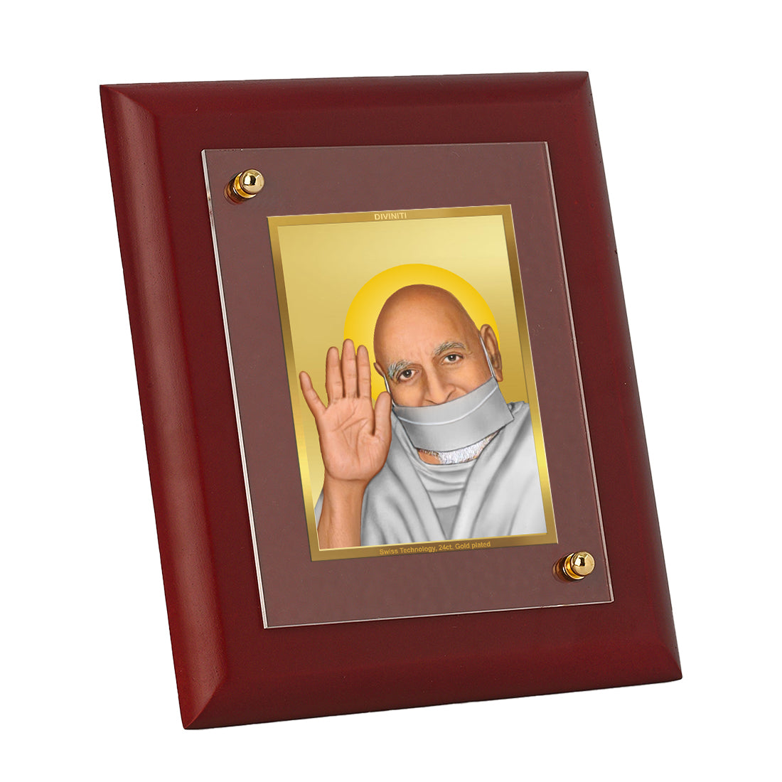 DIVINITI 24K Gold Plated Foil Acharya Tulsi Wooden Photo Frame Idol for Home & Office Decor, Table Top, Wall Hanging, Puja Room, Gift | MDF Size 1 (16.7x14.2 CM)