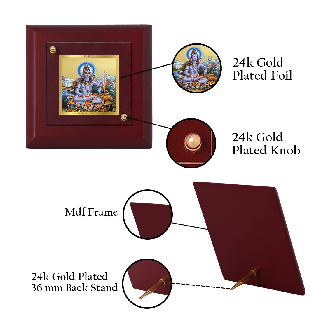 Diviniti 24K Gold Plated Shiv Photo Frame Lord of Kailash for Home Decor, Tabletop, Puja Room, Gift | MDF Size 1A (9.9x9.9 CM)