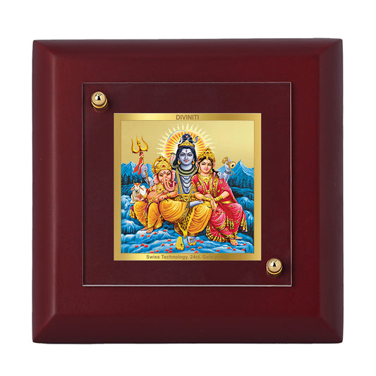 Diviniti 24K Gold Plated Lord Shiv Parivar Photo Frame Love, Strength for Home Decor, Tabletop, Puja Room, Gift | MDF Size 1A (9.9x9.9 CM)