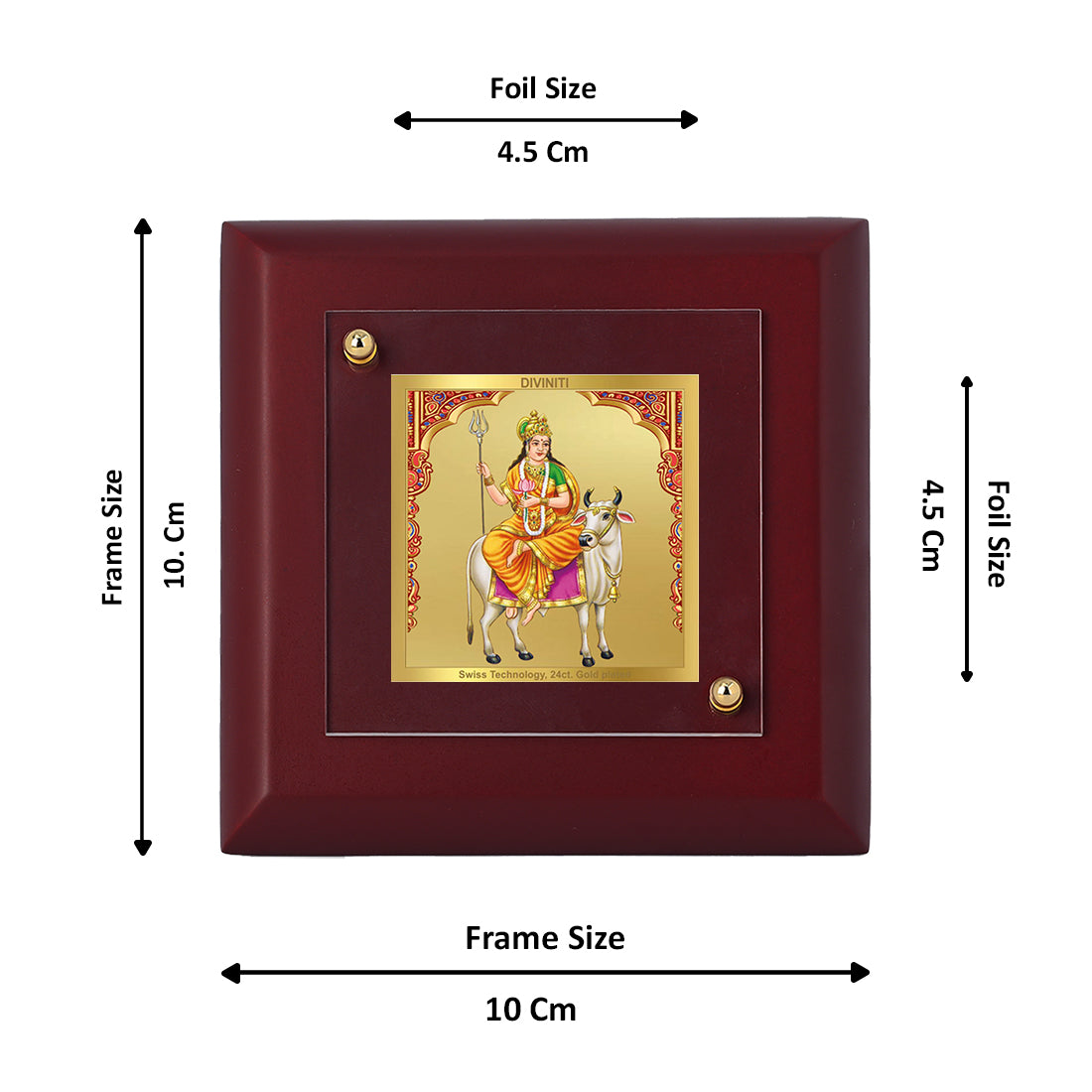 Diviniti 24K Gold Plated Shailputri Mata Photo Frame Strength, Purity for Home Decor, Tabletop, Puja Room, Gift | MDF Size 1A (9.9x9.9 CM)