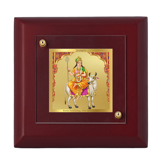 Diviniti 24K Gold Plated Shailputri Mata Photo Frame Strength, Purity for Home Decor, Tabletop, Puja Room, Gift | MDF Size 1A (9.9x9.9 CM)