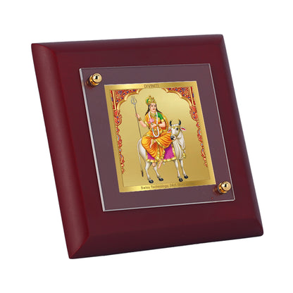 Diviniti 24K Gold Plated Shailputri Mata Photo Frame Strength, Purity for Home Decor, Tabletop, Puja Room, Gift | MDF Size 1A (9.9x9.9 CM)