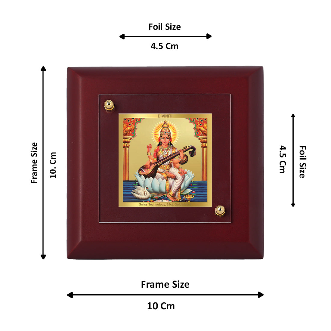 Diviniti 24K Gold Plated Goddess Saraswati Photo Frame for Puja Room, Home Decor, Table Decor, Luxury Gift | MDF Size 1A (9.9x9.9 CM)