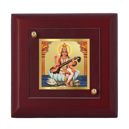 Diviniti 24K Gold Plated Goddess Saraswati Photo Frame for Puja Room, Home Decor, Table Decor, Luxury Gift | MDF Size 1A (9.9x9.9 CM)