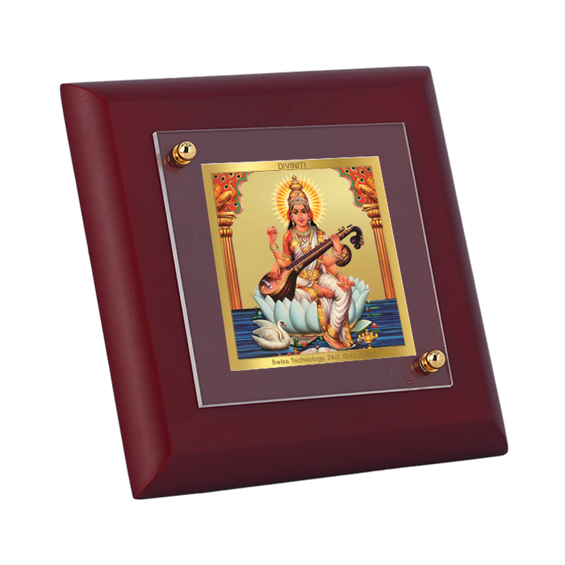 Diviniti 24K Gold Plated Goddess Saraswati Photo Frame for Puja Room, Home Decor, Table Decor, Luxury Gift | MDF Size 1A (9.9x9.9 CM)