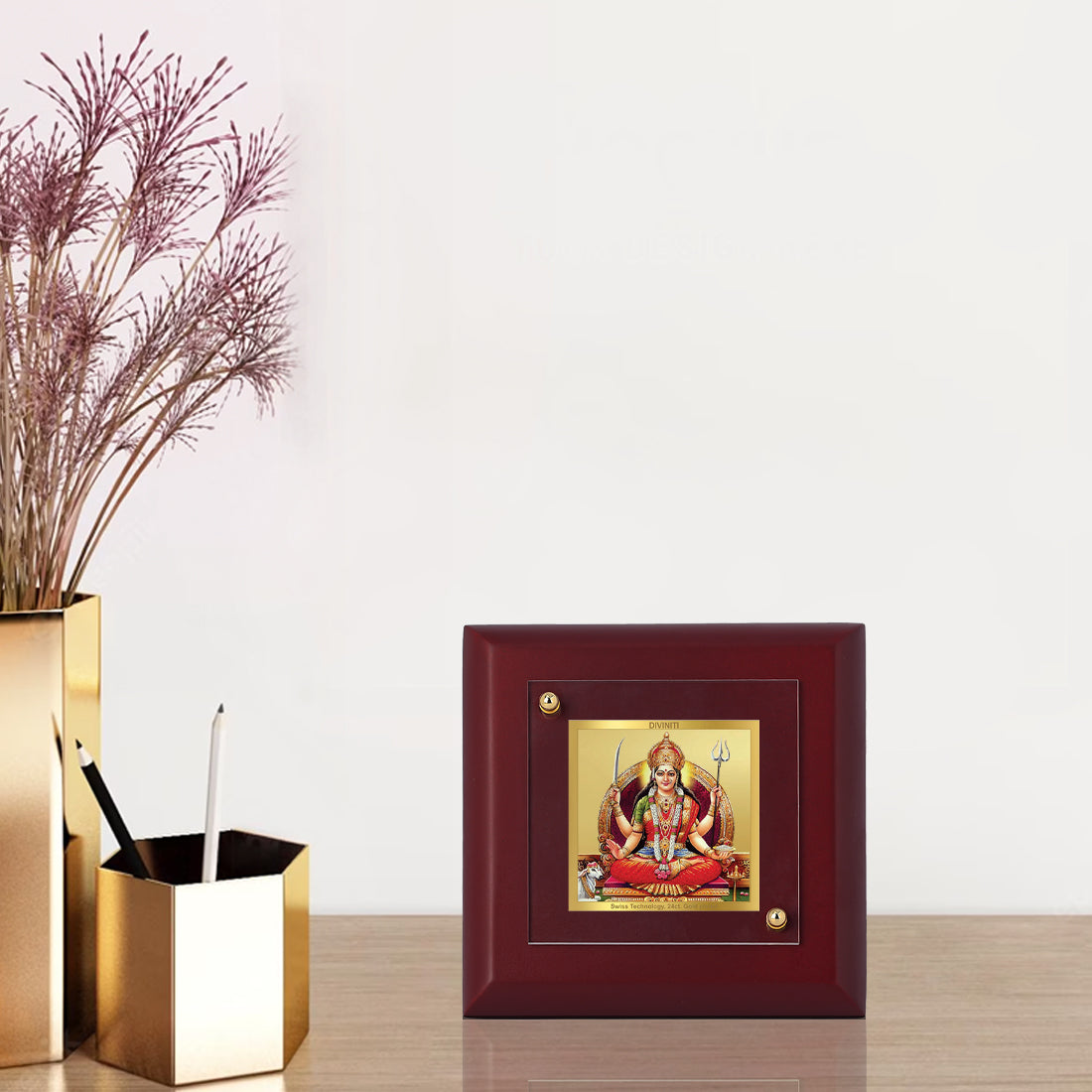 Diviniti 24K Gold Plated Goddess Santoshi Mata Photo Frame for Home Decor, Puja Room, Tabletop, Gift| MDF Size 1A (9.9x9.9 CM)