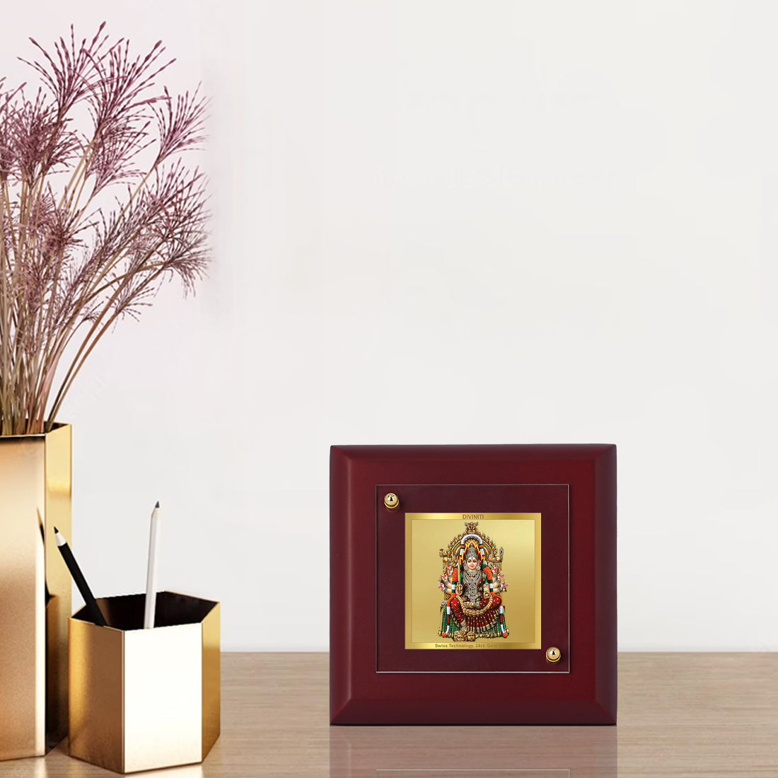 Diviniti 24K Gold Plated Samayapuram Mariamman Photo Frame for Home Decor Showpiece, Gift | MDF Size 1A (9.9x9.9 CM)