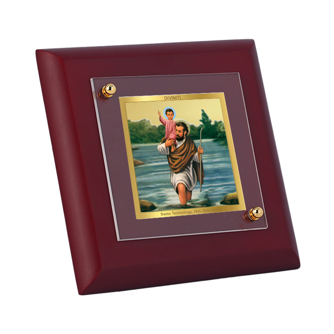 Diviniti 24K Gold Plated Saint Christopher Photo Frame Guidance & Blessings for Home Decor, Tableop, Gift | MDF Size 1A (9.9x9.9 CM)