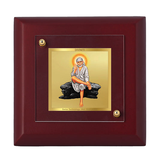 Diviniti 24K Gold Plated Sai Baba Photo Frame Love, Faith, & Compassion for Home Decor, Tabletop, Gift | MDF Size 1A (9.9x9.9 CM)