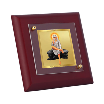 Diviniti 24K Gold Plated Sai Baba Photo Frame Love, Faith, & Compassion for Home Decor, Tabletop, Gift | MDF Size 1A (9.9x9.9 CM)