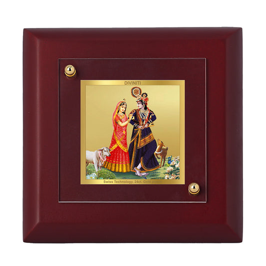 Diviniti 24K Gold Plated Goddess Radha Krishna Photo Frame for Home Decor, Office, Tabletop, Puja Room, Gift | MDF Size 1A (9.9x9.9 CM)