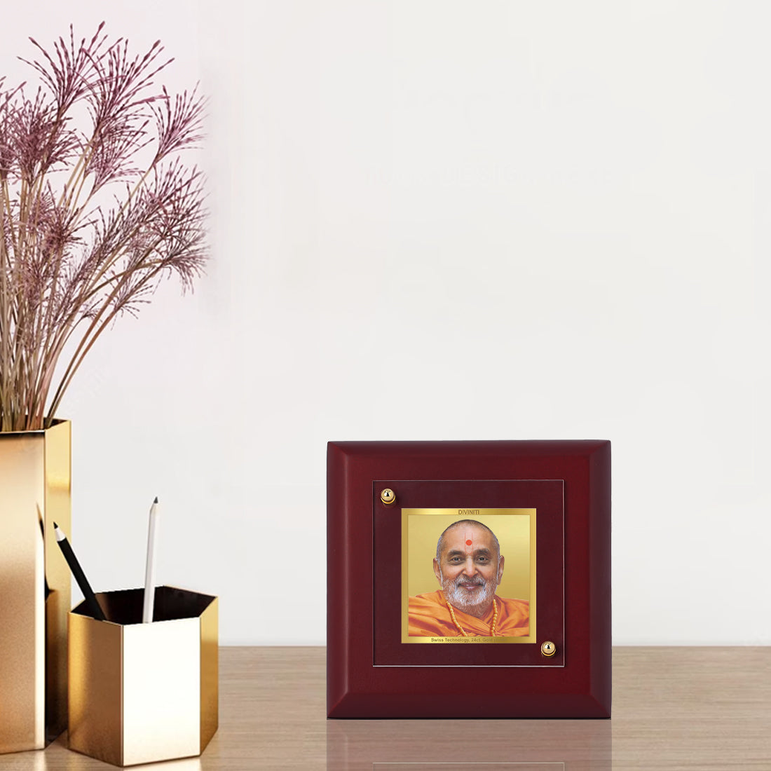 Diviniti 24K Gold Plated Pramukh Swami Maharaj Photo Frame for Home Decor, Table Top, Puja Room, Gift | MDF Size 1A (9.9x9.9 CM)