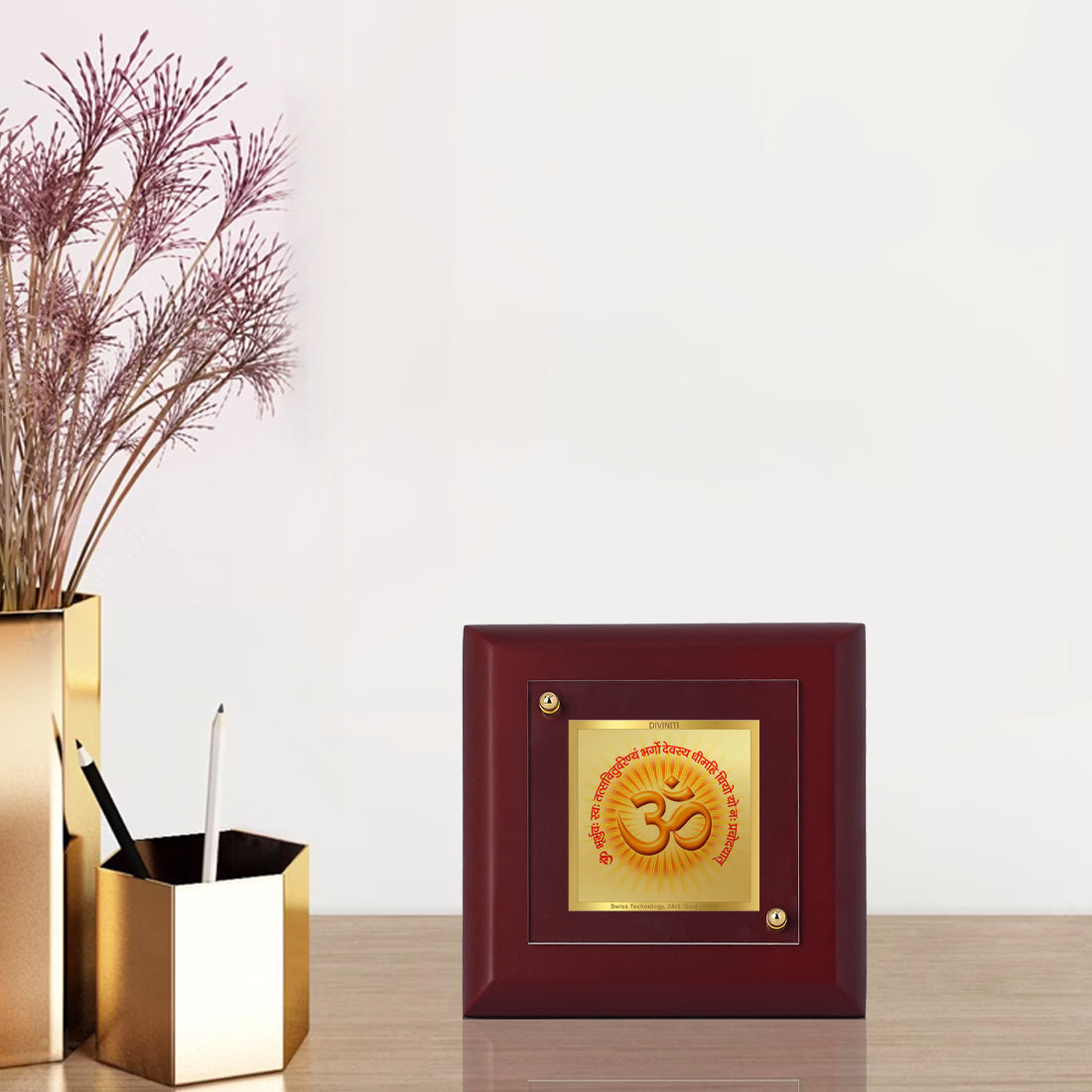 Diviniti 24K Gold Plated Om Gayatri Mantra Photo Frame for Puja Room, Home Decor, Tabletop, Gift | MDF Size 1A (9.9x9.9 CM)