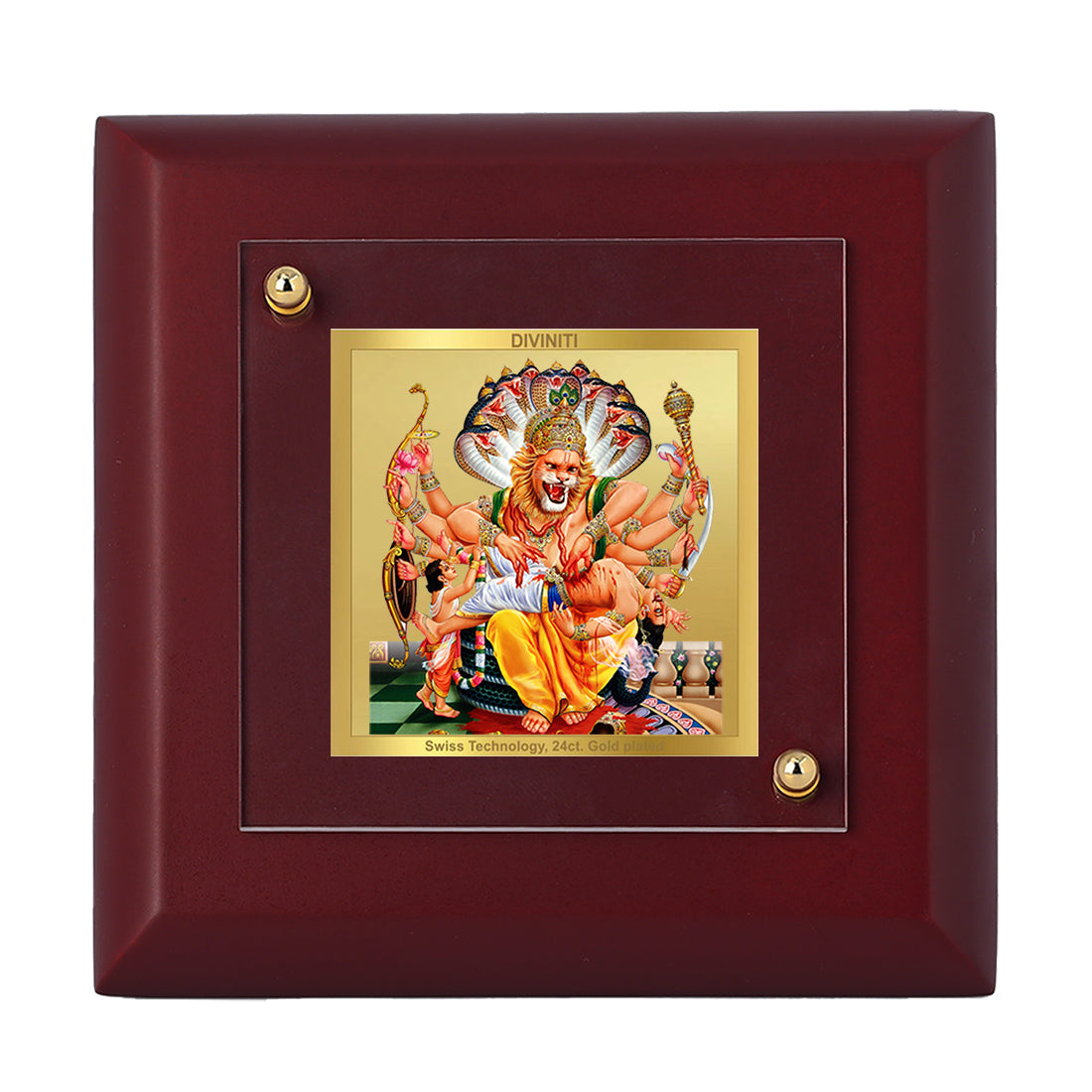 Diviniti 24K Gold Plated Lord Narsimha Photo Frame for Temple, Puja Room, Home Decor, Table Top, Gift | MDF Size 1A (9.9x9.9 CM)