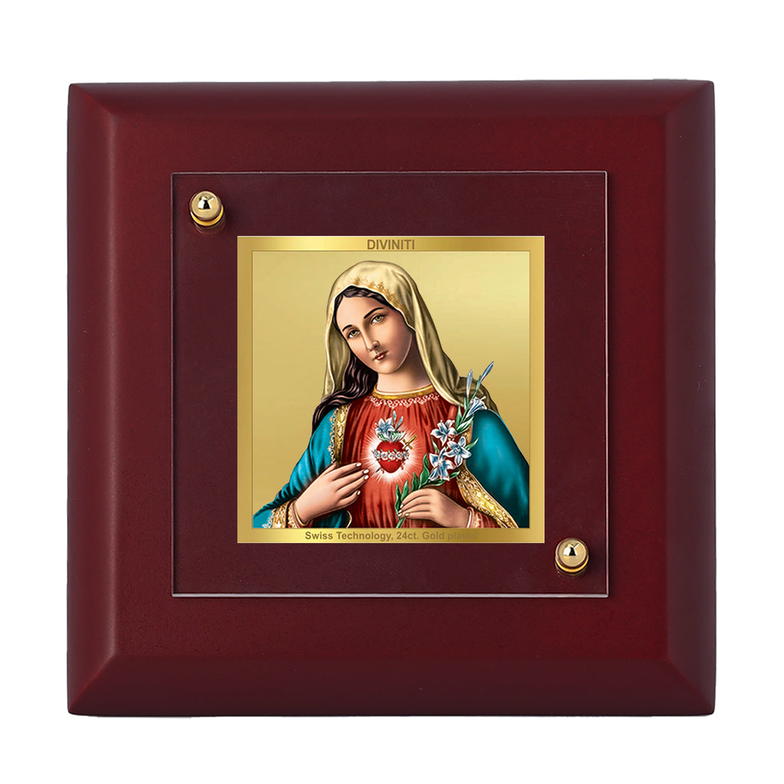 Diviniti 24K Gold Plated Mother Mary Elegant Photo Frame for Home Decor, Tabletop, Prayer, Gift | MDF Size 1A (9.9x9.9 CM)