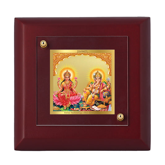 Diviniti 24K Gold Plated Lakshmi Ganesha Photo Frame Bringers of Prosperity for Home & Office Decor, Tabletop, Puja Room, Gift | MDF Size 1A (9.9x9.9 CM)