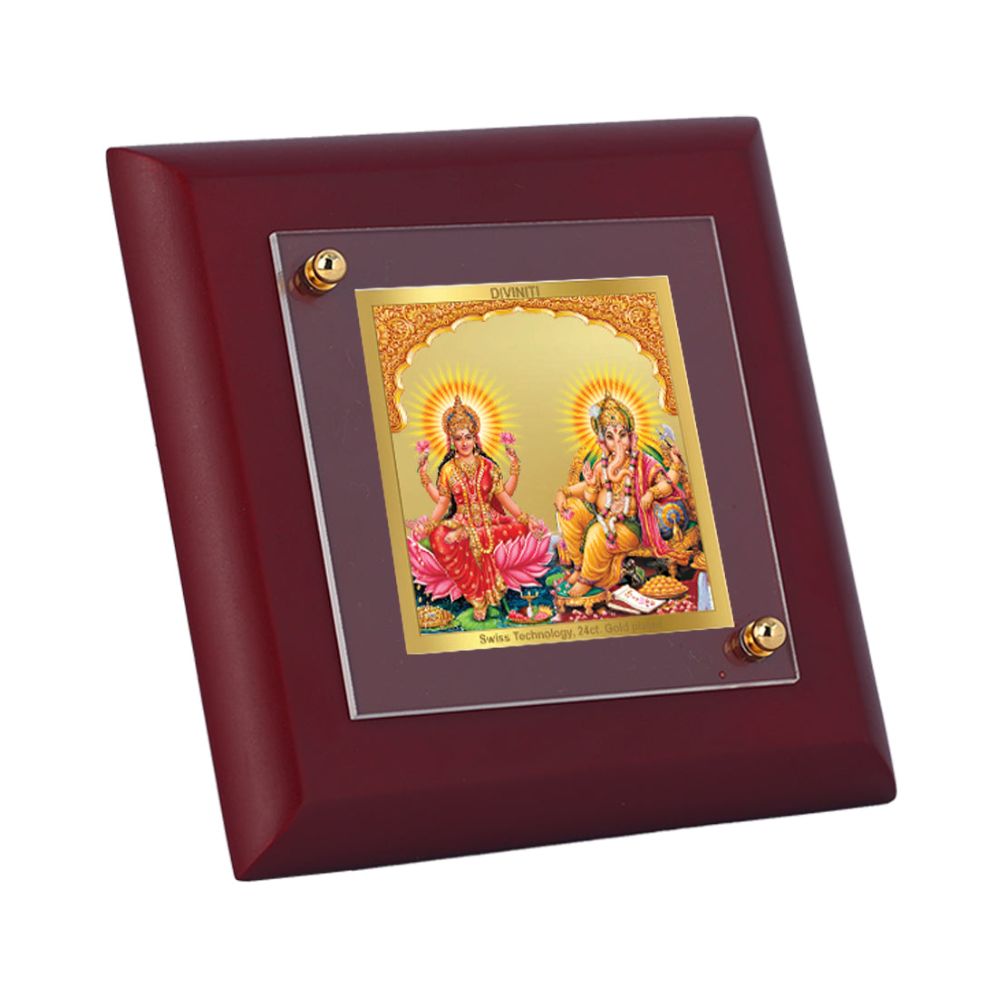 Diviniti 24K Gold Plated Lakshmi Ganesha Photo Frame Bringers of Prosperity for Home & Office Decor, Tabletop, Puja Room, Gift | MDF Size 1A (9.9x9.9 CM)