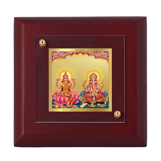 Diviniti 24K Gold Plated Lakshmi Ganesha Photo Frame for Home & Office Decor, Tabletop, Puja Room, Luxury Gift | MDF Size 1A (9.9x9.9 CM)