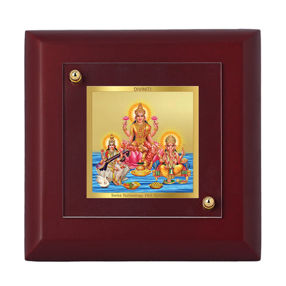 Diviniti 24K Gold Plated Lakshmi Ganesha Saraswati Photo Frame for Temple, Puja Room, Home Decor, Tabletop, Gift | MDF Size 1A (9.9x9.9 CM)