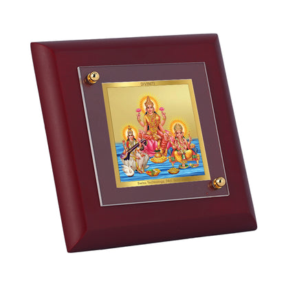 Diviniti 24K Gold Plated Lakshmi Ganesha Saraswati Photo Frame for Temple, Puja Room, Home Decor, Tabletop, Gift | MDF Size 1A (9.9x9.9 CM)