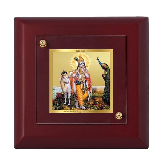 Diviniti 24K Gold Plated Lord Krishna Photo Frame Flute Player for Home Decor, Puja Room, Tabletop, Gift | MDF Size 1A (9.9x9.9 CM)