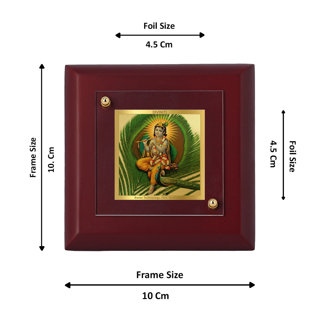 Diviniti 24K Gold Plated Lord Krishna With Peacock Feather Photo Frame for Home Decor, Puja Room, Tabletop, Gift | MDF Size 1A (9.9x9.9 CM)