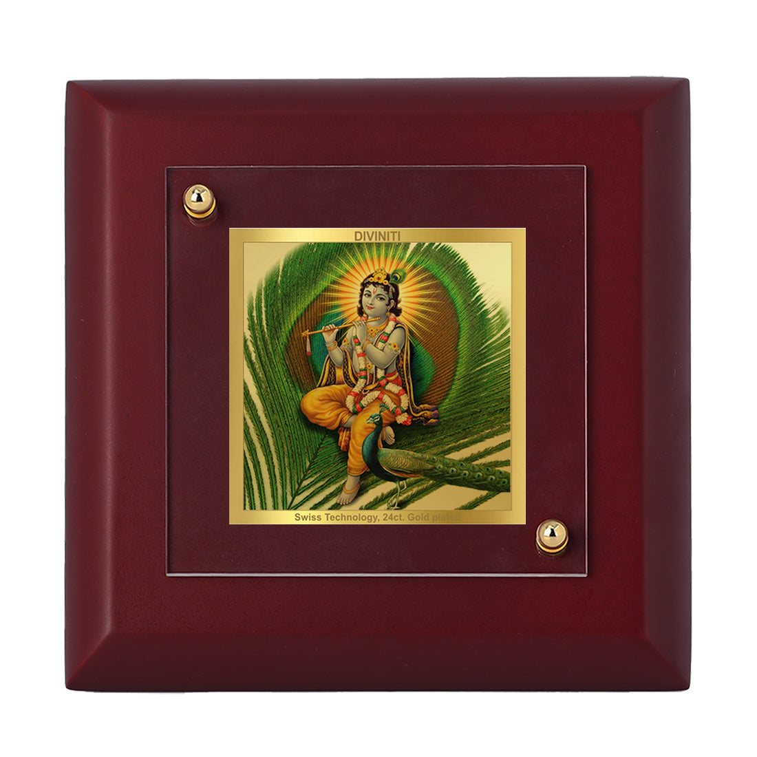 Diviniti 24K Gold Plated Lord Krishna With Peacock Feather Photo Frame for Home Decor, Puja Room, Tabletop, Gift | MDF Size 1A (9.9x9.9 CM)