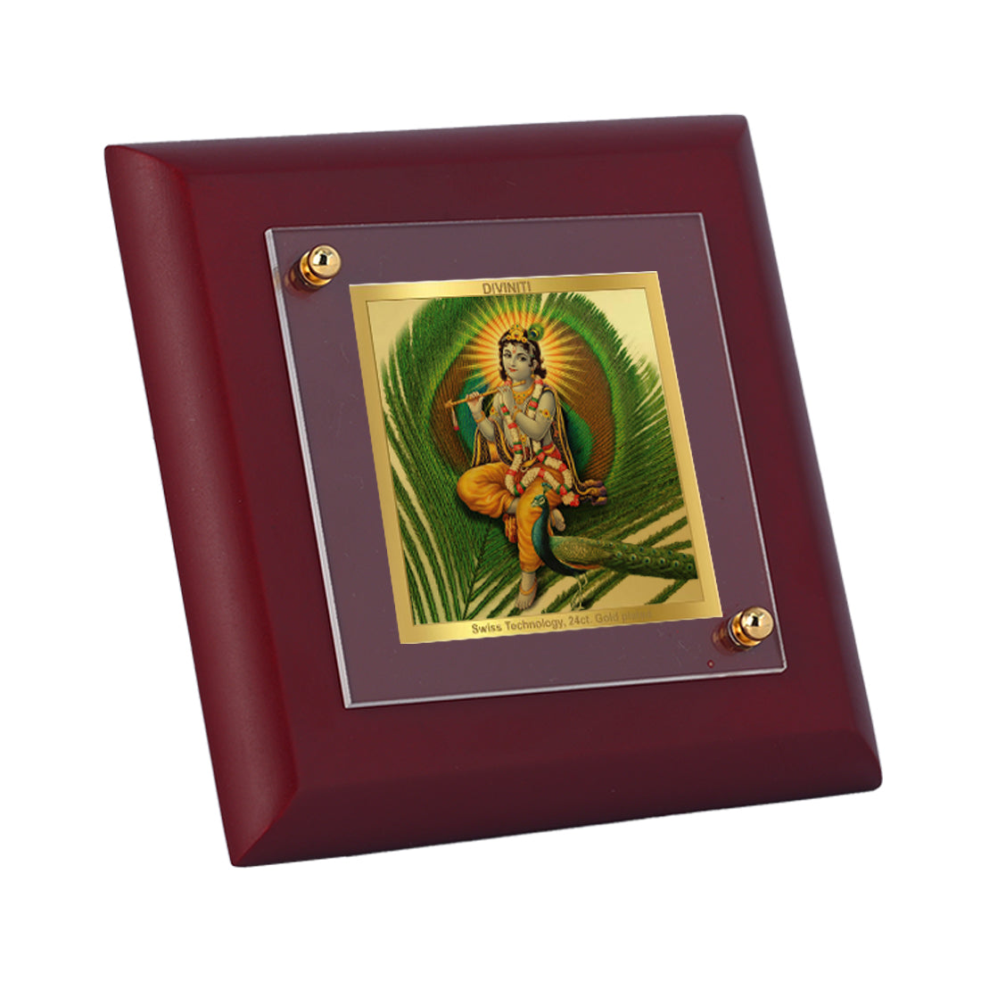 Diviniti 24K Gold Plated Lord Krishna With Peacock Feather Photo Frame for Home Decor, Puja Room, Tabletop, Gift | MDF Size 1A (9.9x9.9 CM)