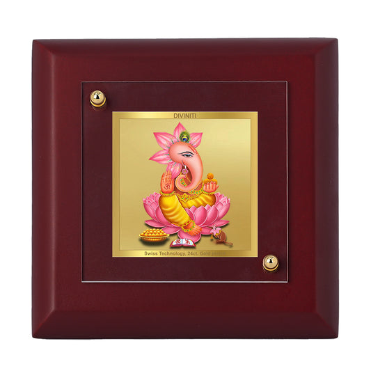 Diviniti 24K Gold Plated Kamal Ganesha Photo Frame for Home Decor, Table Top, Puja Room, Gift | MDF Size 1A (9.9x9.9 CM)