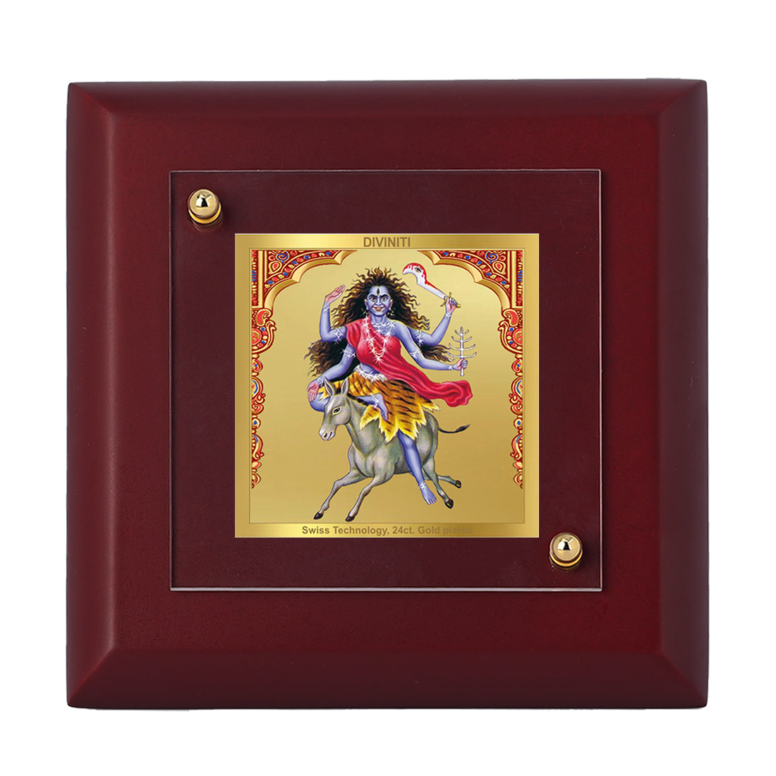 Diviniti 24K Gold Plated Kaalratri Mata Photo Frame Fearless Protector for Home Decor, Table Tops, Puja Room, Gift | MDF Size 1A (9.9x9.9 CM)