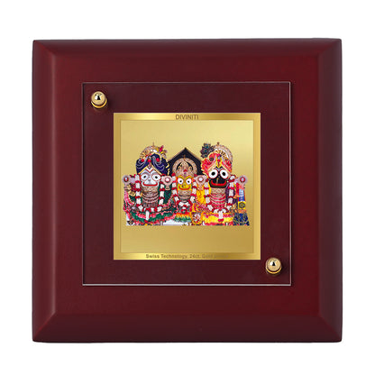 Diviniti 24K Gold Plated Lord Jagannath Balaram Subhadra Photo Frame for Home Decor, Table Tops, Puja Room, Gift | MDF Size 1A (9.9x9.9 CM)