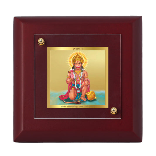 Diviniti 24K Gold Plated Lord Hanuman Photo Frame for Temple, Puja Room, Home Decor, Tabletop, Gift | MDF Size 1A (9.9x9.9 CM)