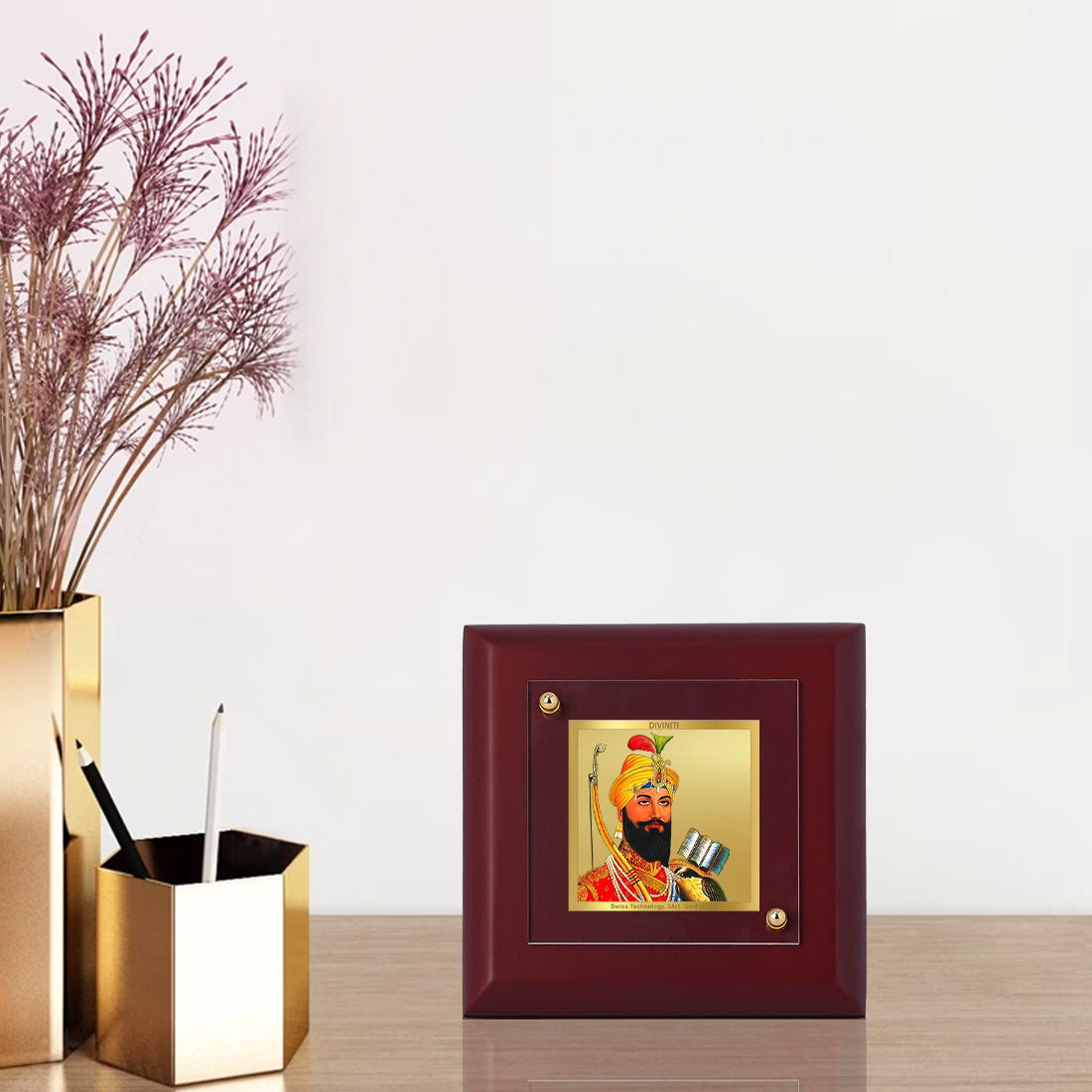 Diviniti 24K Gold Plated Guru Gobind Singh Photo Frame Justice, Equality for Home Decor Showpiece, Table & Gift | MDF Size 1A (9.9x9.9 CM)