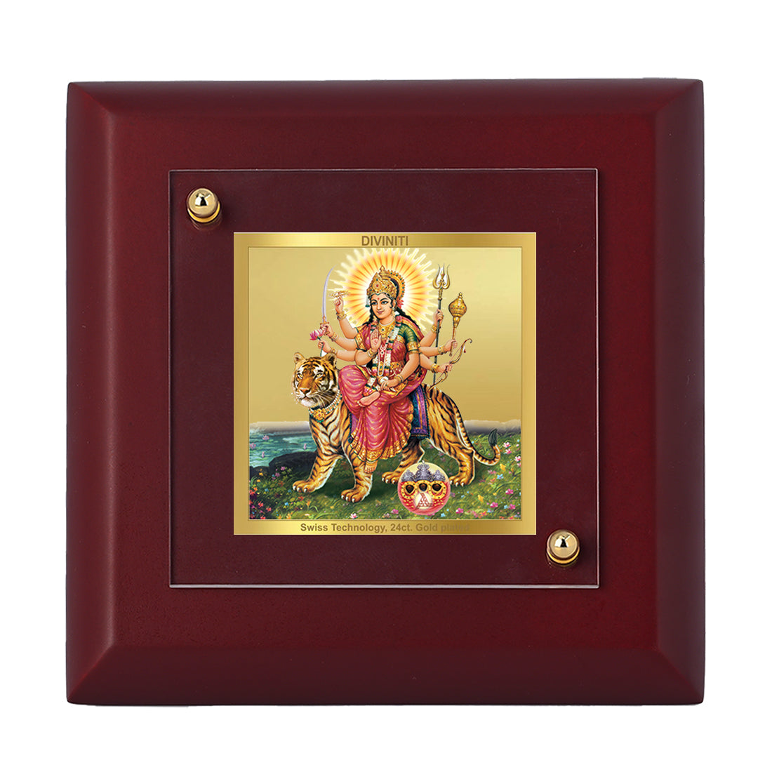 Diviniti 24K Gold Plated Goddess Durga Photo Frame Protector, Warrior for Home & Office Decor, Tabletop, Puja Room, Gift | MDF Size 1A (9.9x9.9 CM)