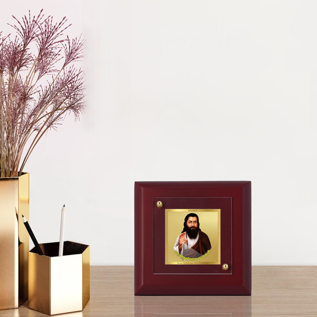 Diviniti 24K Gold Plated Baba Ravidas Photo Frame Equality & Justice for Home Decor Showpiece, Table Tops, Luxury Gift | MDF Size 1A (9.9x9.9 CM)