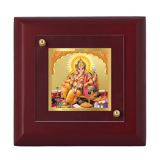 Diviniti 24K Gold Plated Four Hand Lord Ganesha Photo Frame for Mandir, Puja Room, Home & Office Decor, Tabletop, Gift | MDF Size 1A (9.9x9.9 CM)