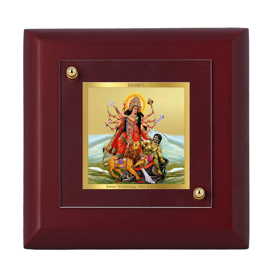 Diviniti 24K Gold Plated Durga Mata Photo Frame for Home Decor Showpiece, Office, Tabletop, Puja Room, Luxury Gift | MDF Size 1A (9.9x9.9 CM)