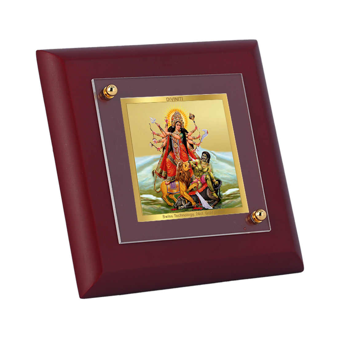 Diviniti 24K Gold Plated Durga Mata Photo Frame for Home Decor Showpiece, Office, Tabletop, Puja Room, Luxury Gift | MDF Size 1A (9.9x9.9 CM)