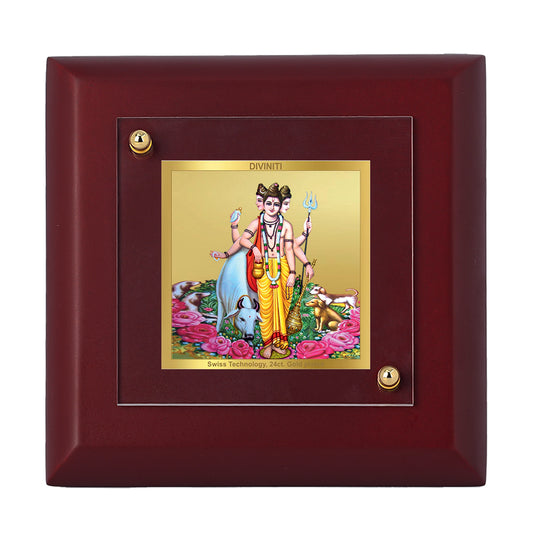 Diviniti 24K Gold Plated Lord Dattatreya Photo Frame for Home Decor Showpiece, Tabletop, Puja Room, Festival Gift | MDF Size 1A (9.9x9.9 CM)