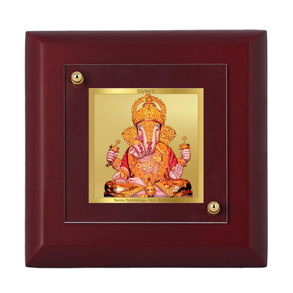 Diviniti 24K Gold Plated Lord Dagdu Ganesha Photo Frame Blessing, Success for Home Decor Showpiece, Tabletop, Puja Room, Gift | MDF Size 1A (9.9x9.9 CM)