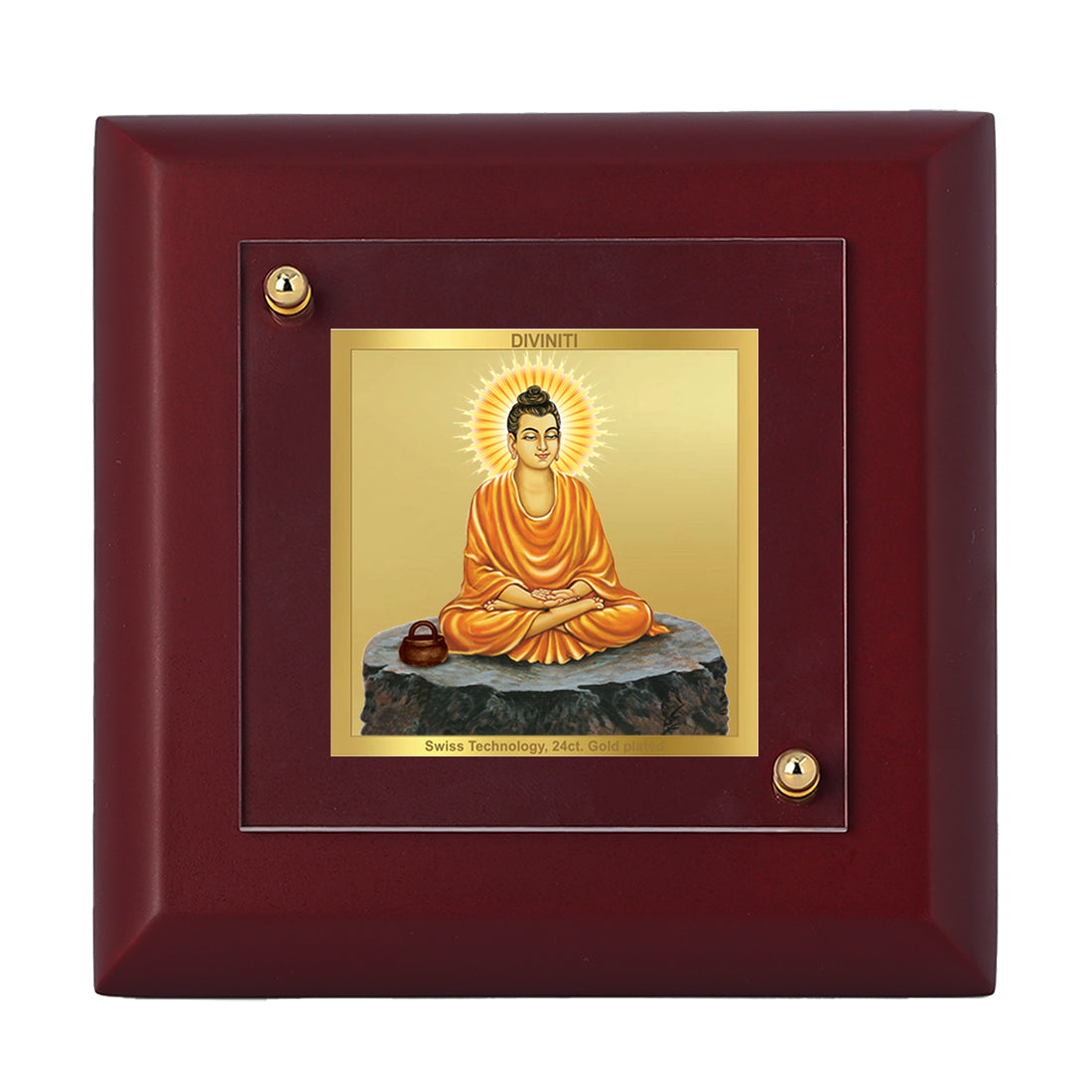 Diviniti 24K Gold Plated Lord Buddha Photo Frame A Path to Peace for Home Decor Showpiece, Tabletop, Office, Puja, Gift | MDF Size 1A (9.9x9.9 CM)