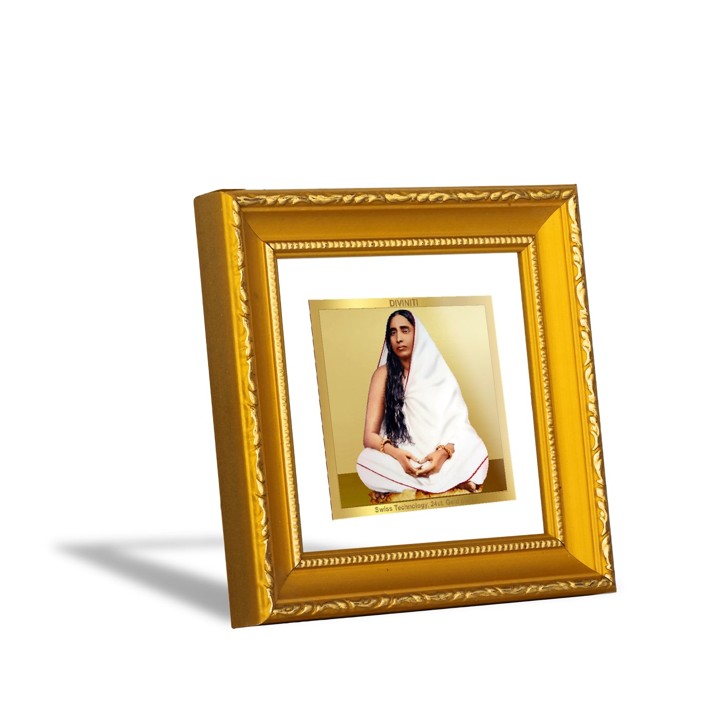 DIVINITI 24K Gold Plated Foil Maa Sarada Wooden Elegant Wall Photo Frame Idol for Puja Room, Table Top, Home Decor, Workshop, Luxury Gifts | DG101S1A (10x10 CM)