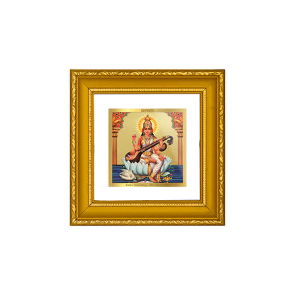 DIVINITI 24K Gold Plated Saraswati Mata Wooden Elegant Wall Photo Frame Idol for Study Room, Table Top, Wall Hanging, Premium Gifts | DG101S1A (10x10 CM)