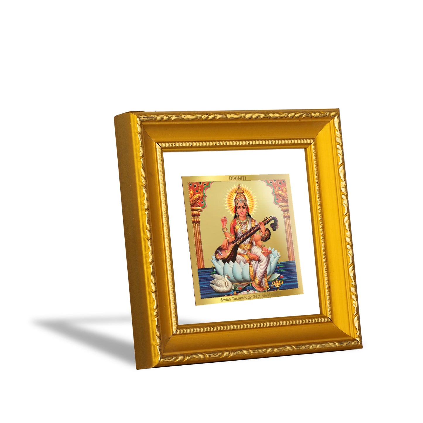 DIVINITI 24K Gold Plated Saraswati Mata Wooden Elegant Wall Photo Frame Idol for Study Room, Table Top, Wall Hanging, Premium Gifts | DG101S1A (10x10 CM)